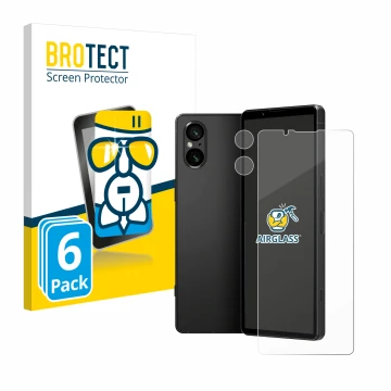 Front side of a product packaging with the brand logo BROTECT. Next to it is the device Sony Xperia 5 V (Front+Camera) shown w