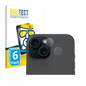 Front side of a product packaging with the brand logo BROTECT. Next to it is the device Apple iPhone 15 (ONLY Camera Lens) sho