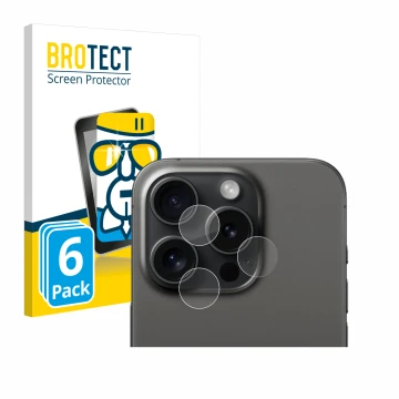 Front side of a product packaging with the brand logo BROTECT. Next to it is the device Apple iPhone 15 Pro (ONLY Camera Lens)
