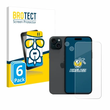 Front side of a product packaging with the brand logo BROTECT. Next to it is the device Apple iPhone 15 Plus (Front+Camera) sh
