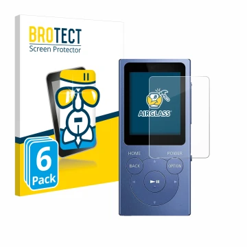 Front side of a product packaging with the brand logo BROTECT. Next to it is the device Sony Walkman NW-E394 shown with the co