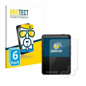 Front side of a product packaging with the brand logo BROTECT. Next to it is the device HifiWalker H2 touch shown with the cor