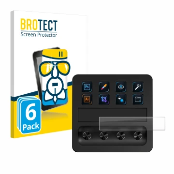 Front side of a product packaging with the brand logo BROTECT. Next to it is the device Elgato Stream Deck + shown with the co