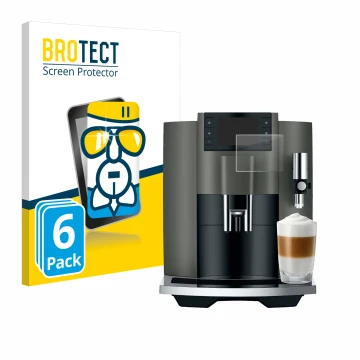 Front side of a product packaging with the brand logo BROTECT. Next to it is the device Jura E8 (EC) shown with the correspond