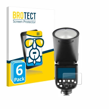 Front side of a product packaging with the brand logo BROTECT. Next to it is the device Godox V1 shown with the corresponding 