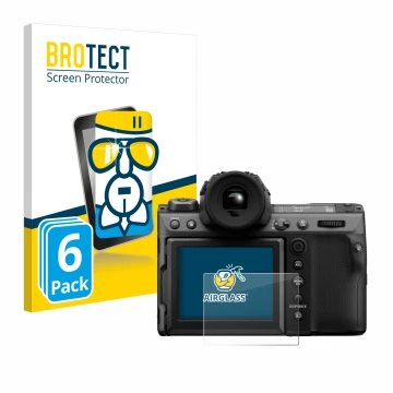 Front side of a product packaging with the brand logo BROTECT. Next to it is the device Fujifilm GFX100 II shown with the corr