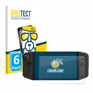 Front side of a product packaging with the brand logo BROTECT. Next to it is the device Lenovo Legion Go shown with the corres