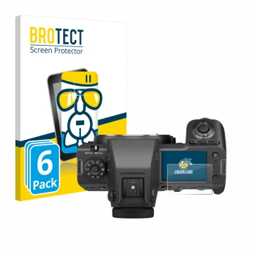 Front side of a product packaging with the brand logo BROTECT. Next to it is the device Fujifilm GFX100 II (top plate display)