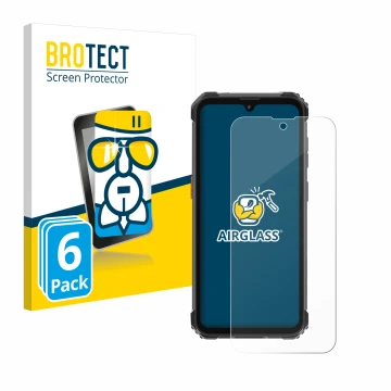 Front side of a product packaging with the brand logo BROTECT. Next to it is the device Blackview BV5300 Pro (2023) shown with