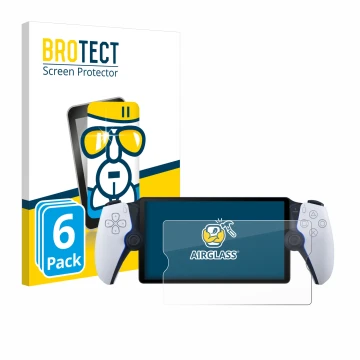 Front side of a product packaging with the brand logo BROTECT. Next to it is the device Sony Playstation Portal shown with the