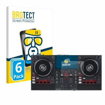 Front side of a product packaging with the brand logo BROTECT. Next to it is the device Numark Mixstream Pro+ shown with the c