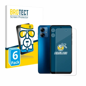 Front side of a product packaging with the brand logo BROTECT. Next to it is the device Motorola Moto G14 (Front+Camera) shown