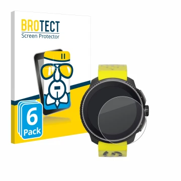 Front side of a product packaging with the brand logo BROTECT. Next to it is the device Suunto Race shown with the correspondi