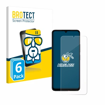 Front side of a product packaging with the brand logo BROTECT. Next to it is the device Xiaomi Poco C65 shown with the corresp