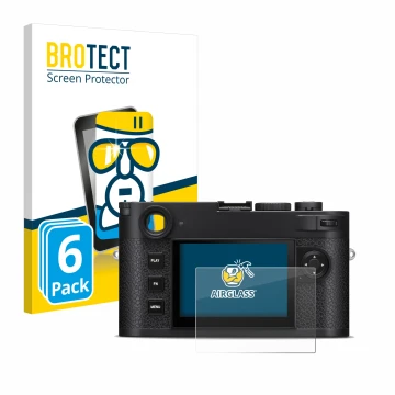 Front side of a product packaging with the brand logo BROTECT. Next to it is the device Leica M11-P shown with the correspondi