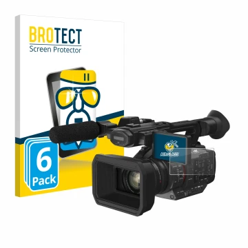 Front side of a product packaging with the brand logo BROTECT. Next to it is the device Panasonic HC-X2 shown with the corresp