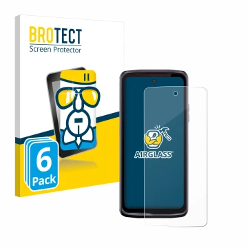 Front side of a product packaging with the brand logo BROTECT. Next to it is the device Crosscall Stellar X5 shown with the co