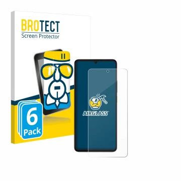Front side of a product packaging with the brand logo BROTECT. Next to it is the device Xiaomi Poco X6 Pro shown with the corr