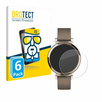 Front side of a product packaging with the brand logo BROTECT. Next to it is the device Garmin Lily 2 shown with the correspon