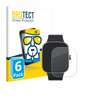Front side of a product packaging with the brand logo BROTECT. Next to it is the device Xiaomi Redmi Watch 4 shown with the co