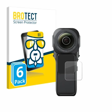 Front side of a product packaging with the brand logo BROTECT. Next to it is the device Insta360 One RS 1-Zoll 360 shown with 