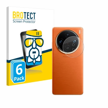 Front side of a product packaging with the brand logo BROTECT. Next to it is the device Vivo X100 Pro (ONLY Camera Lens) shown