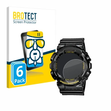 Front side of a product packaging with the brand logo BROTECT. Next to it is the device Casio G-Shock GA-110GB-1A shown with t