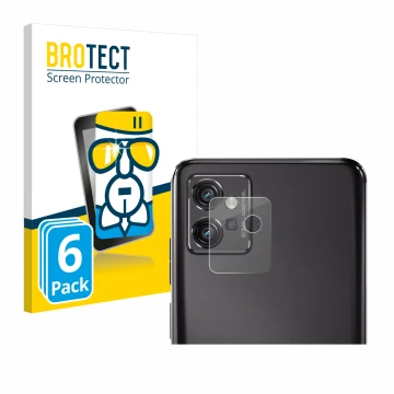 Front side of a product packaging with the brand logo BROTECT. Next to it is the device Motorola Moto G32 (ONLY Camera Lens) s