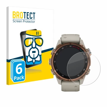 Front side of a product packaging with the brand logo BROTECT. Next to it is the device Garmin Descent Mk3 (43 mm) shown with 