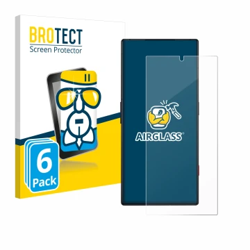 Front side of a product packaging with the brand logo BROTECT. Next to it is the device ZTE Nubia Red Magic 8 Pro shown with t