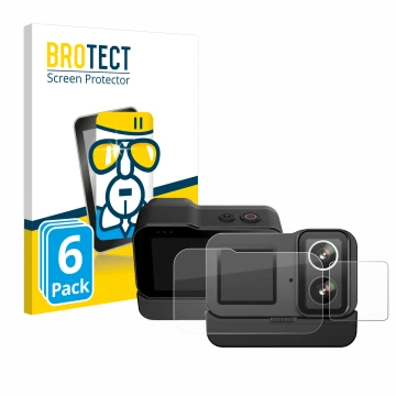Front side of a product packaging with the brand logo BROTECT. Next to it is the device SJCAM SJ20 Dual Lens shown with the co