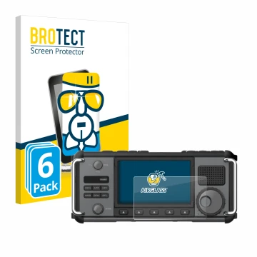 Front side of a product packaging with the brand logo BROTECT. Next to it is the device Xiegu X6200 shown with the correspondi