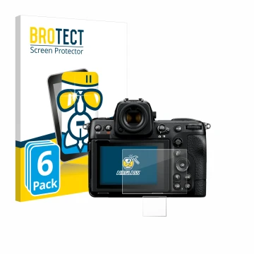 Front side of a product packaging with the brand logo BROTECT. Next to it is the device Nikon Z 8 (Display + top plate display