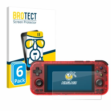 Front side of a product packaging with the brand logo BROTECT. Next to it is the device Retroid Pocket 4 Pro shown with the co