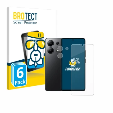 Front side of a product packaging with the brand logo BROTECT. Next to it is the device Xiaomi Redmi Note 13 (Front+Camera) sh