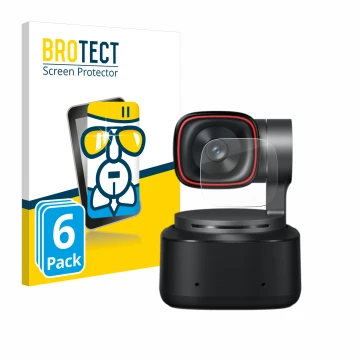 Front side of a product packaging with the brand logo BROTECT. Next to it is the device OBSBOT Tiny 2 shown with the correspon