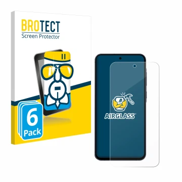 Front side of a product packaging with the brand logo BROTECT. Next to it is the device Samsung Galaxy A55 5G shown with the c
