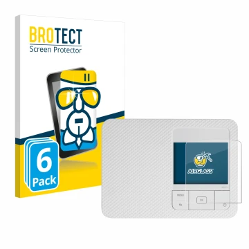 Front side of a product packaging with the brand logo BROTECT. Next to it is the device Canon Selphy CP1500 shown with the cor