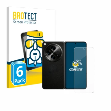 Front side of a product packaging with the brand logo BROTECT. Next to it is the device OnePlus Open (case-friendly) shown wit