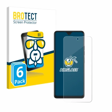 Front side of a product packaging with the brand logo BROTECT. Next to it is the device Tecno Spark 10 Pro shown with the corr