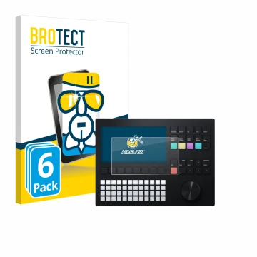 Front side of a product packaging with the brand logo BROTECT. Next to it is the device Polyend Tracker shown with the corresp