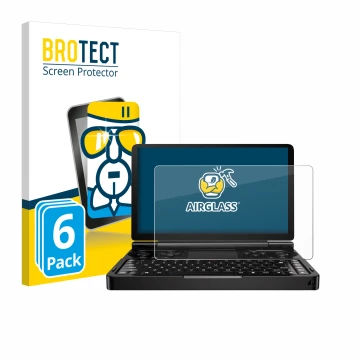 Front side of a product packaging with the brand logo BROTECT. Next to it is the device GPD Win Mini (2024) shown with the cor