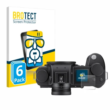 Front side of a product packaging with the brand logo BROTECT. Next to it is the device Leica SL3 (top plate display) shown wi