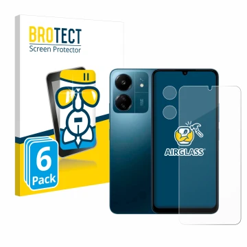 Front side of a product packaging with the brand logo BROTECT. Next to it is the device Xiaomi Redmi 13C (Front+Camera) shown 