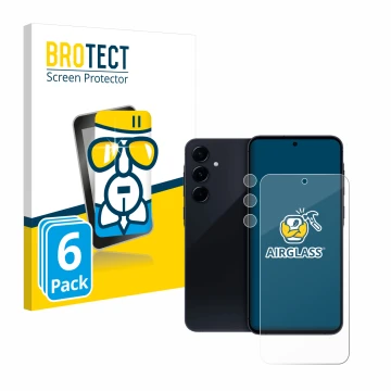 Front side of a product packaging with the brand logo BROTECT. Next to it is the device Samsung Galaxy A55 5G (Front+Camera) s