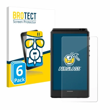 Front side of a product packaging with the brand logo BROTECT. Next to it is the device Hiby R6 III shown with the correspondi