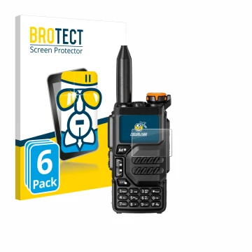 Front side of a product packaging with the brand logo BROTECT. Next to it is the device Quansheng UV-K5 shown with the corresp