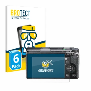 Front side of a product packaging with the brand logo BROTECT. Next to it is the device Ricoh GR IIIx HDF shown with the corre