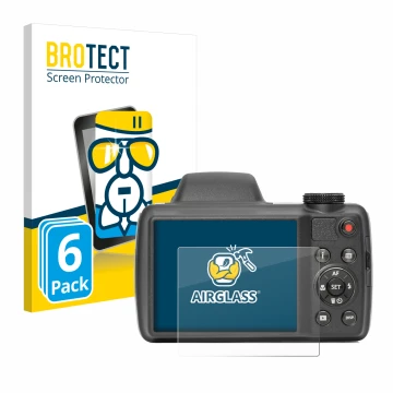 Front side of a product packaging with the brand logo BROTECT. Next to it is the device Kodak Pixpro AZ528 shown with the corr