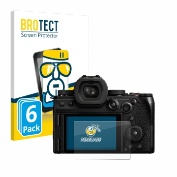 Front side of a product packaging with the brand logo BROTECT. Next to it is the device Panasonic Lumix DC-S5II shown with the